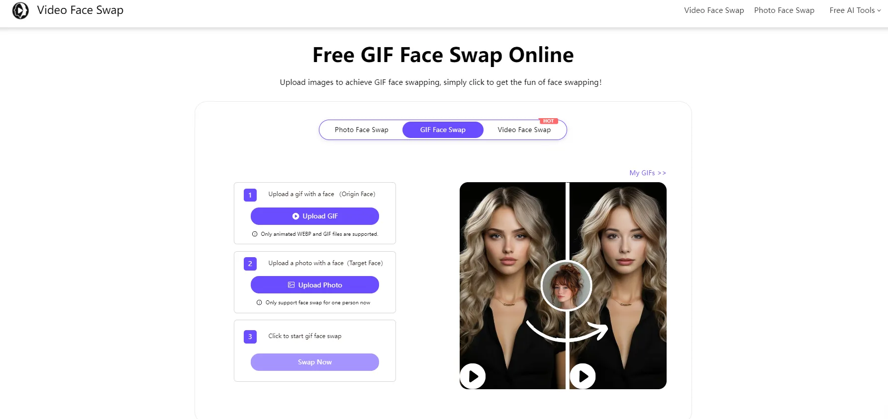 best choice for swapping faces in GIF for free: videofaceswap